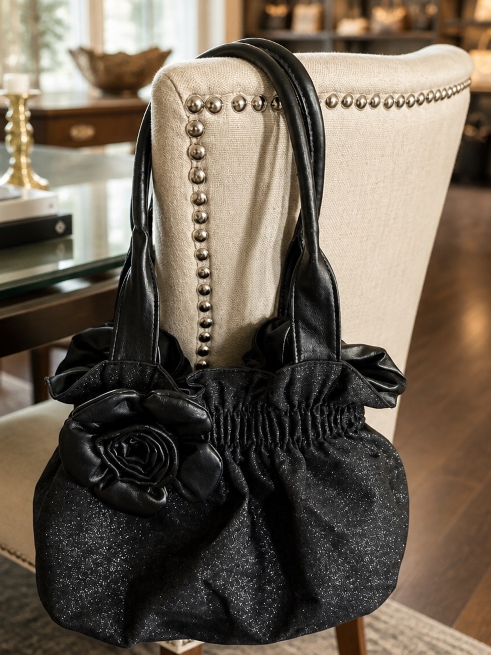 Bueno Black Sparkle Floral Shoulder Bag